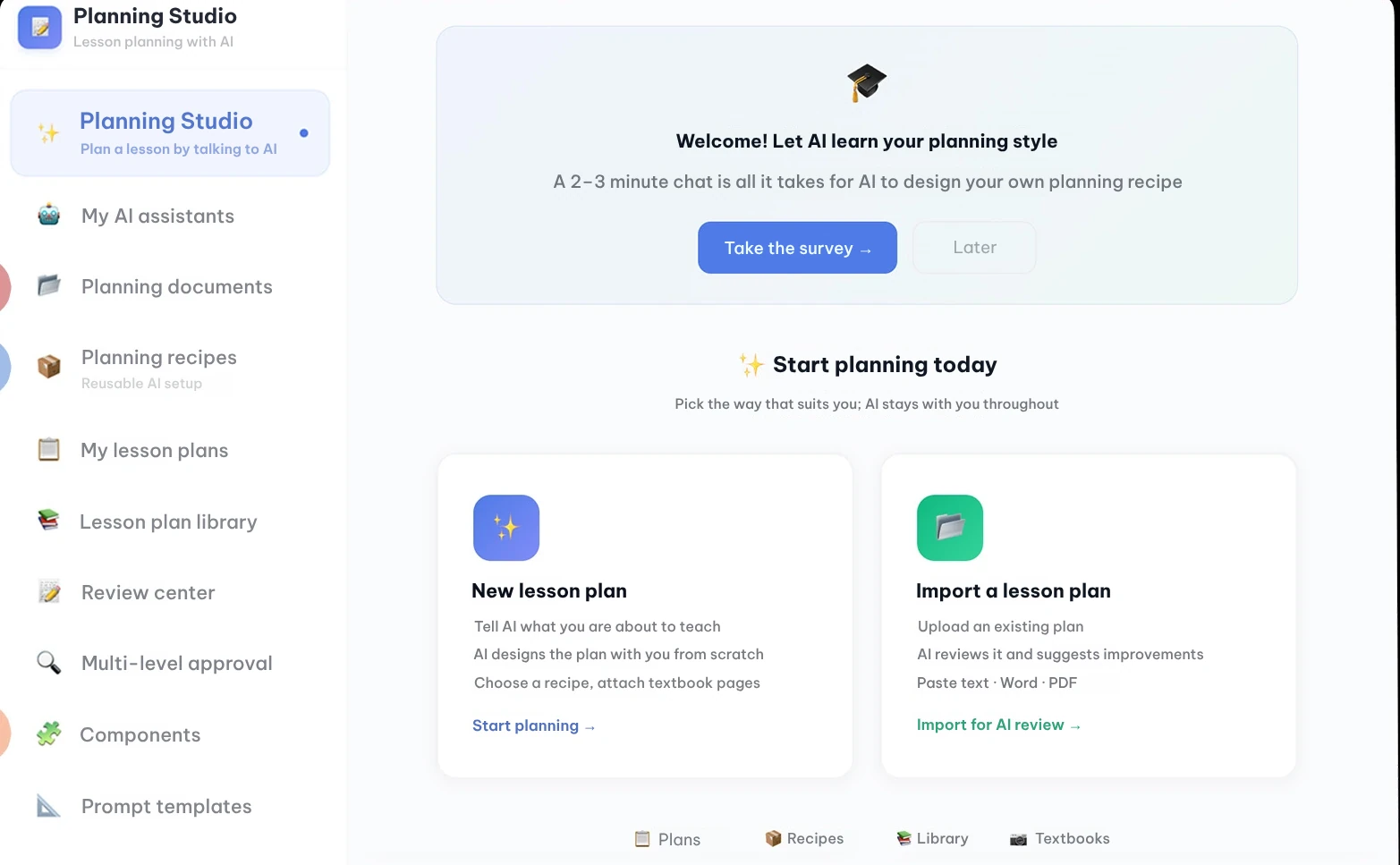 Planning Studio: AI assistants, planning documents, recipes, lesson plans, review and components