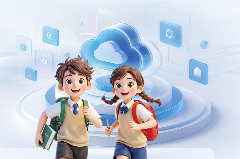 Minh hoạ hai học sinh trước nền tảng học tập trên đám mây