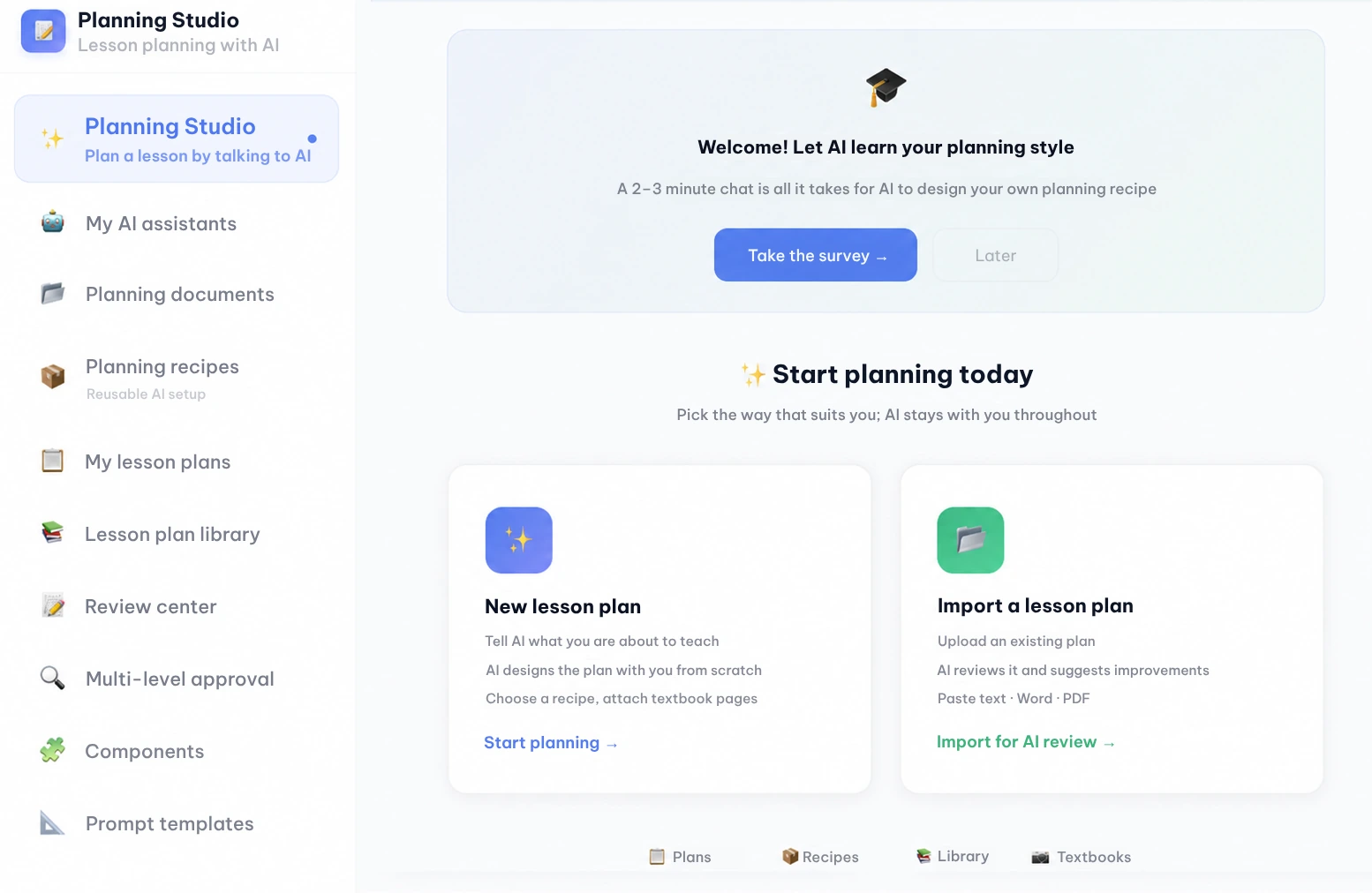 AI Lesson Studio screen with planning tools and the option to start a new lesson