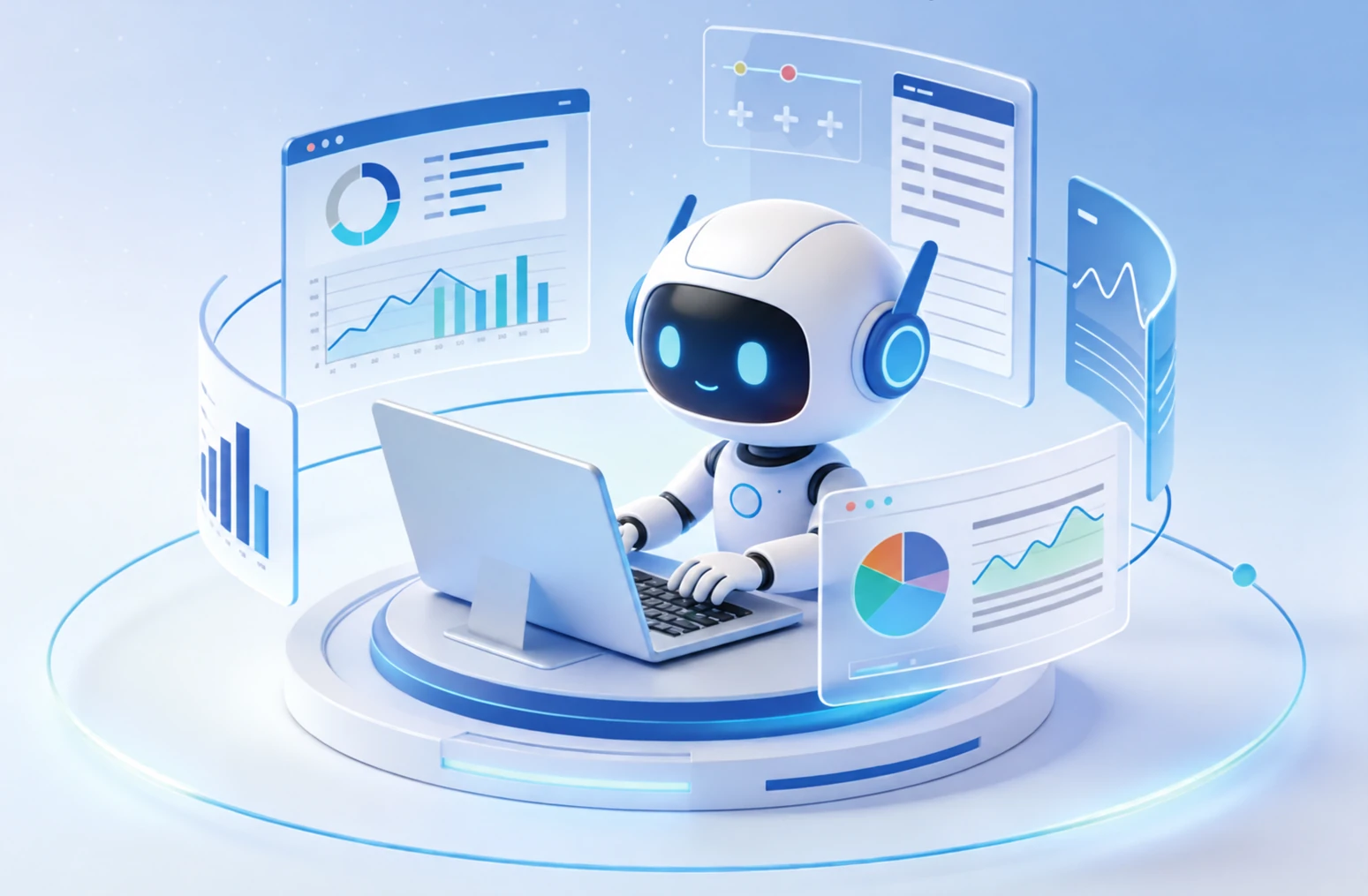Minh hoạ robot AI xem dữ liệu học tập và biểu đồ đánh giá