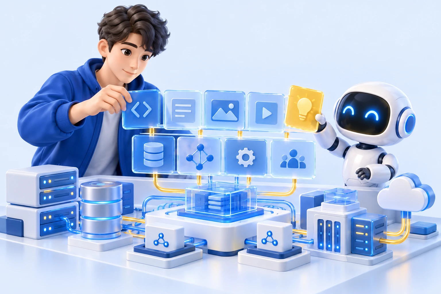 Minh hoạ lập trình viên và robot AI sắp xếp mã nguồn, dữ liệu và tri thức thành một hệ thống kết nối