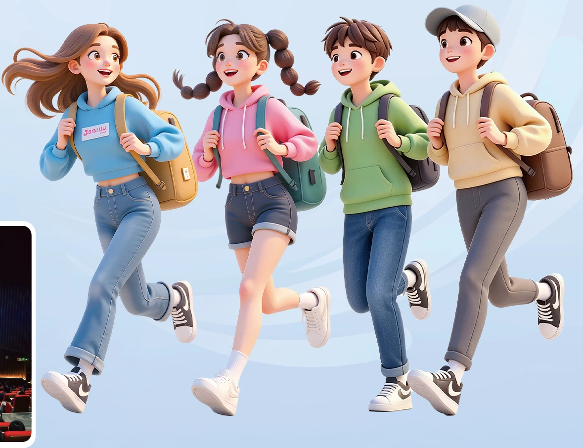 Minh hoạ bốn học sinh đang chạy về phía trước